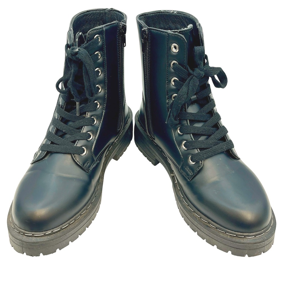 Womens Black Lace Up Combat Style Ankle Boots Sz 7.5 Lug Platform Chunky Heel